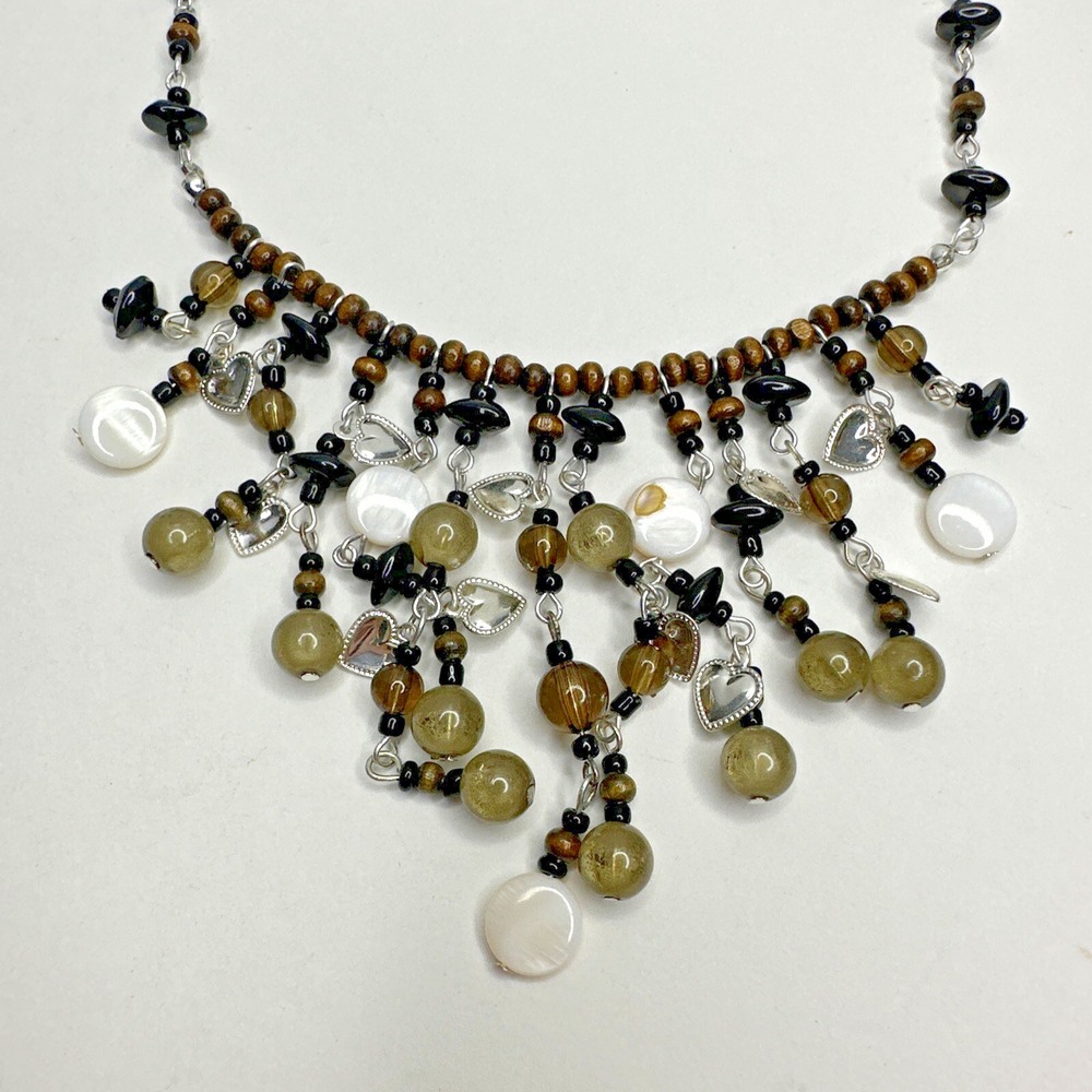 Waterfall Necklace Love One Another John 13:34 Silver Tone Heart Beaded Brown